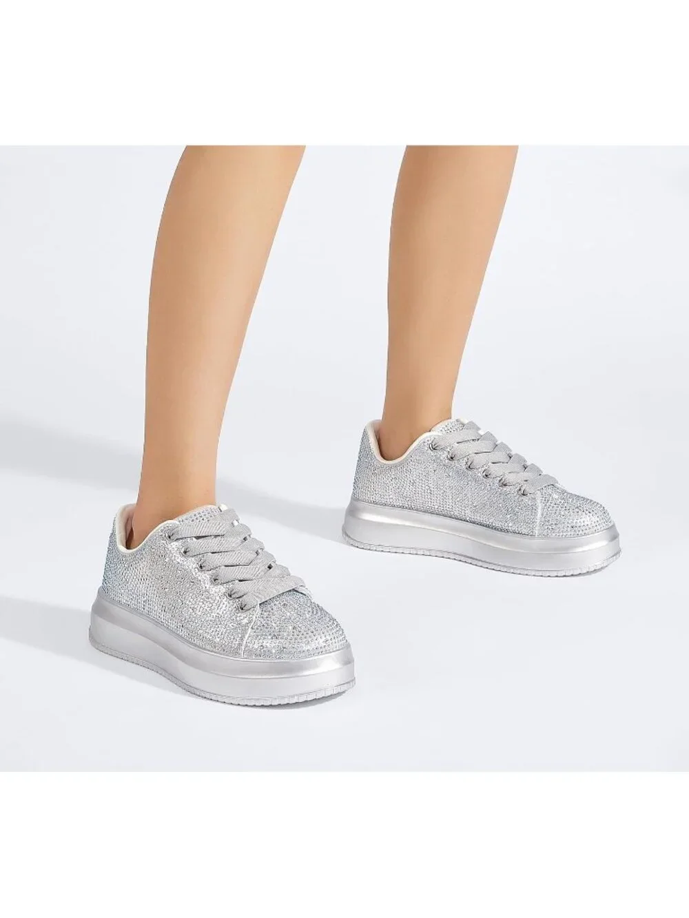 🆕Women's Silver Sparkly Glitter Bling Tennis Rhinestone Platform Sneakers